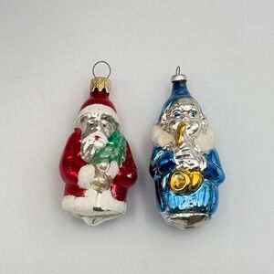 Vtg 2 Blown Glass Ornament Santa Blue Clown Instrument Christmas West Germany